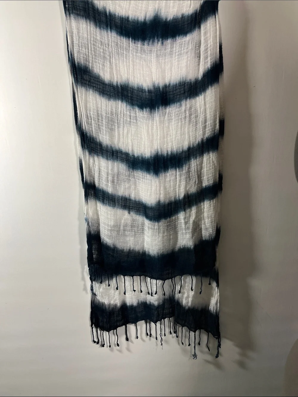 Lightweight Gauge scarf blue & white diagonal tie dye stripes & fringed end
